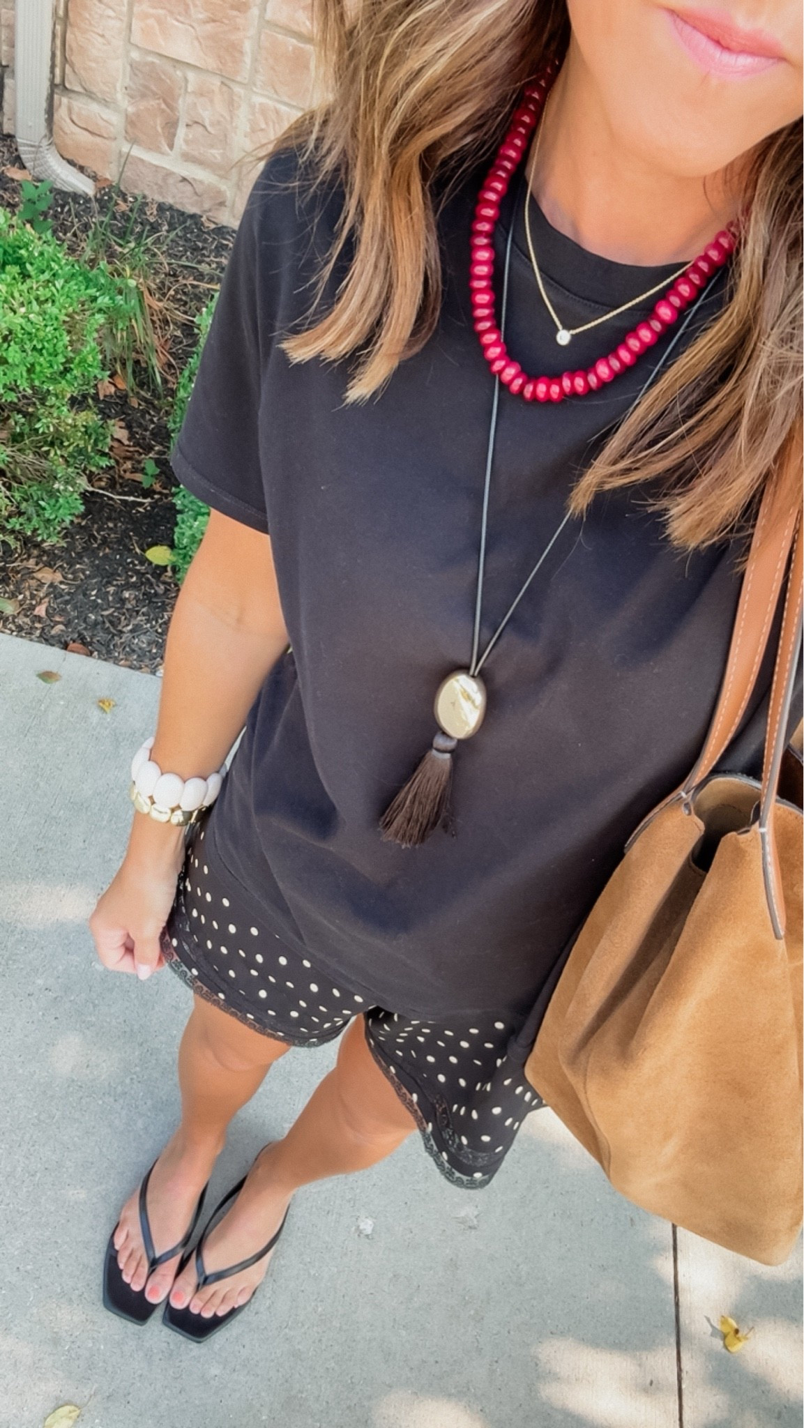 This outfit is the perfect laid back, chic outfit. LOVE. 
Small polka dot shorts
Small tee 
Red necklace / code: twopeasinablog20

#LTKootd #LTKmomlife #LTKOver40