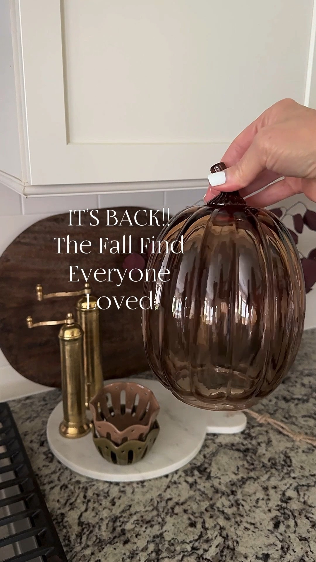 IT’S BACK!! 
These beautiful glass pumpkins now come in 5 different sizes and shapes. Add a flameless flickering light for a fun glow!!

Amber glass pumpkins, orange-brown glass pumpkins, flameless flickering lights, round marble board, brass salt & pepper grinders, berry bowls, vintage cutting boards, marble bowl, dust plum stems, burgundy eucalyptus

#LTKSeasonal #LTKstorytime #LTKHome