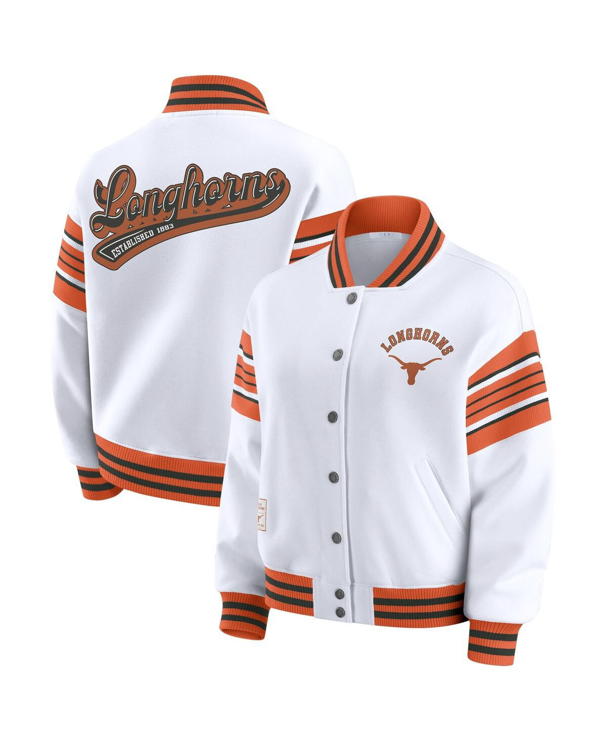 Wear by Erin Andrews Women's White/Texas Orange Texas Longhorns Satin Stitch Full-Snap Fleece Sweatshirt Jacket - White, Burnt Orange | Macy's