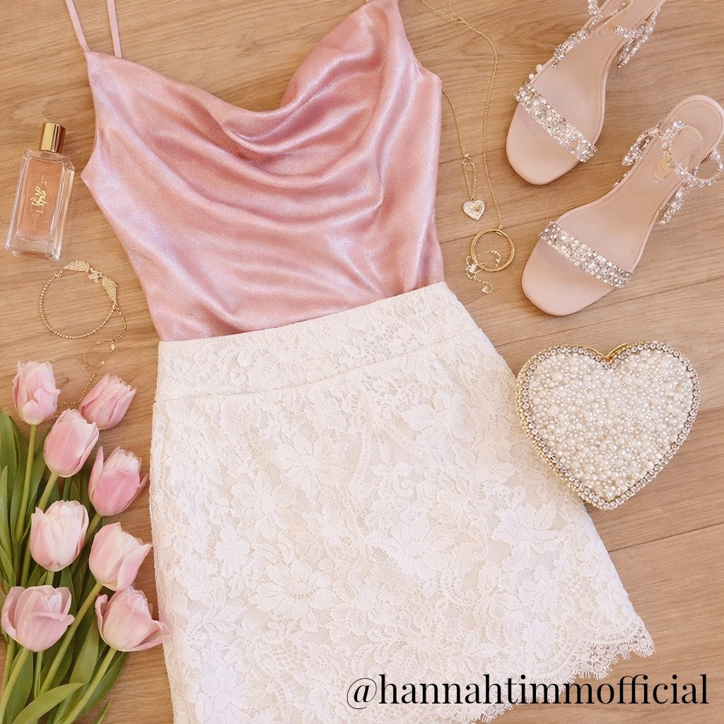 Soft shine, soft texture, and everything styled with intention. This is how I’m doing spring nights out 🤍

Silky blush cami paired with a lace mini feels equal parts feminine and elevated. Kept the accessories light with gold details and a hint of sparkle in the heels…because the outfit already does the talking.

Perfect for date night, bridal events, or anything that calls for a little extra glow ✨

Shop the look + similar pieces below 💗