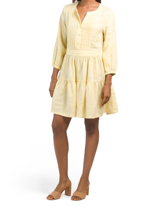 Linen Bracelet Sleeve Split Neck Button Front Tiered Dress | TJ Maxx