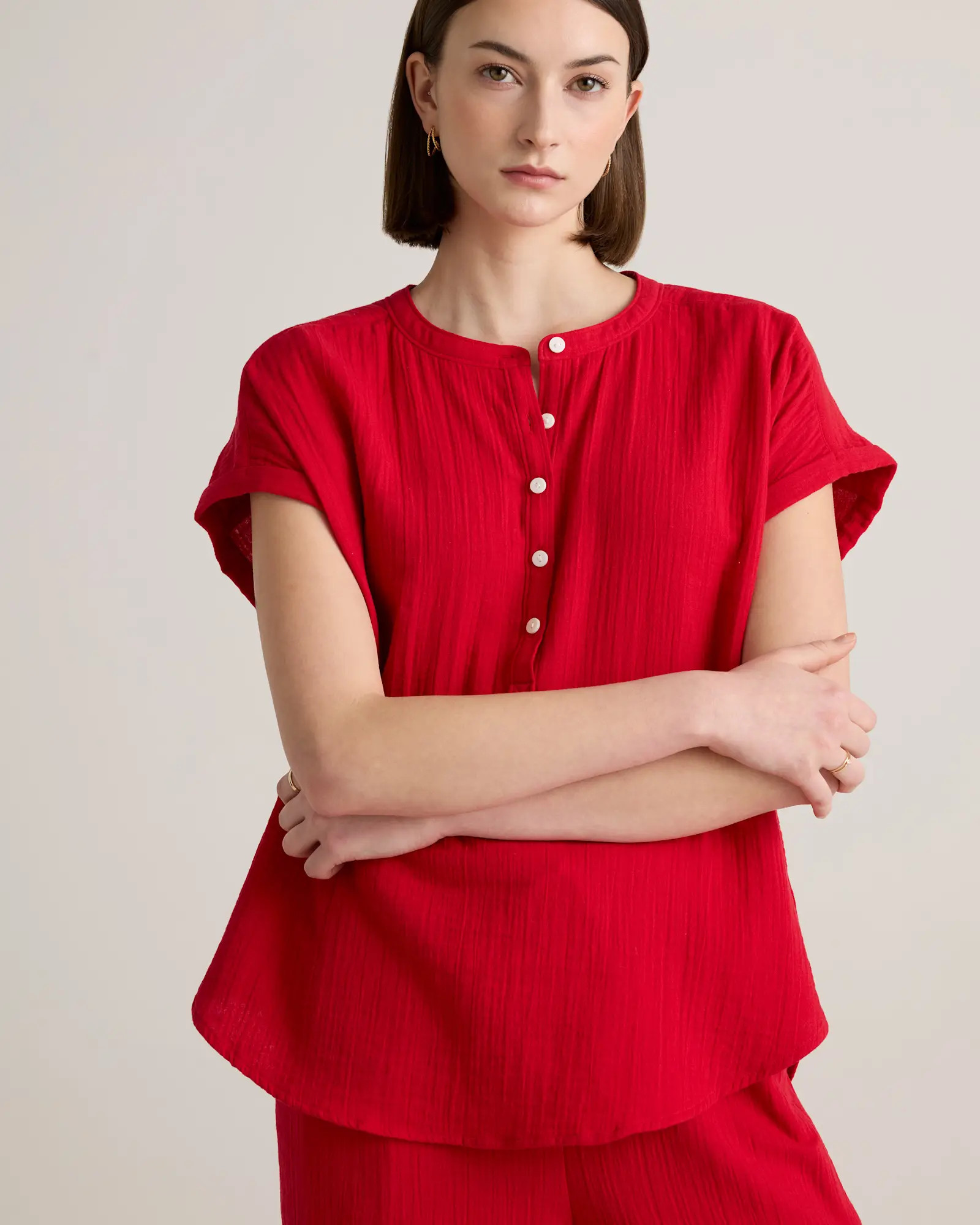 100% Organic Cotton Gauze Roll Sleeve Shirt | Quince