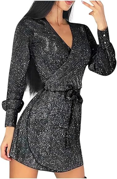 Womens Belt Wrap Sequin Dresses Long Sleeve Solid V-Neck Mini Dress Dress | Amazon (CA)