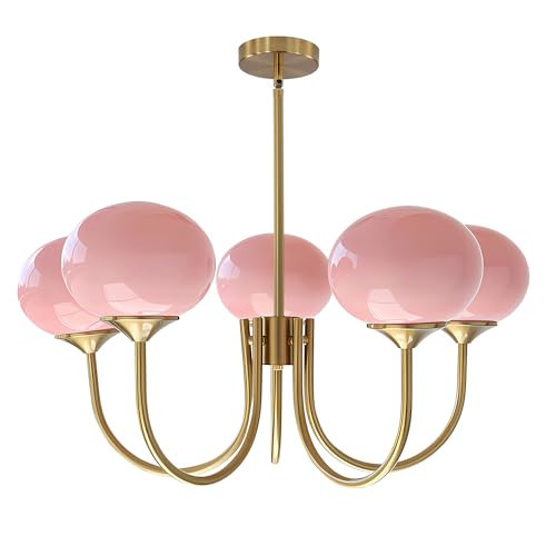 BOKT 5 Light Gold Globe Sputnik Chandelier Modern Pink Glass Sputnik Pendant Lights Kitchen Island Mid Century Vintage Brushed Brass Ball Chandelier Light Fixture for Bedroom Dining Living Room | Amazon (US)