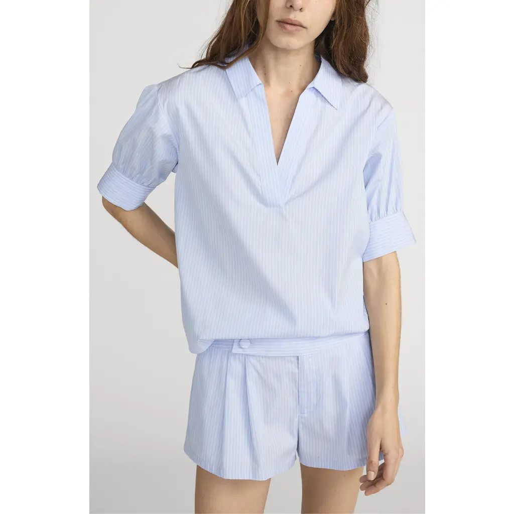 FRAME The Stripe V-Neck Popover Top in Venice Blue Multi at Nordstrom, Size Medium | Nordstrom