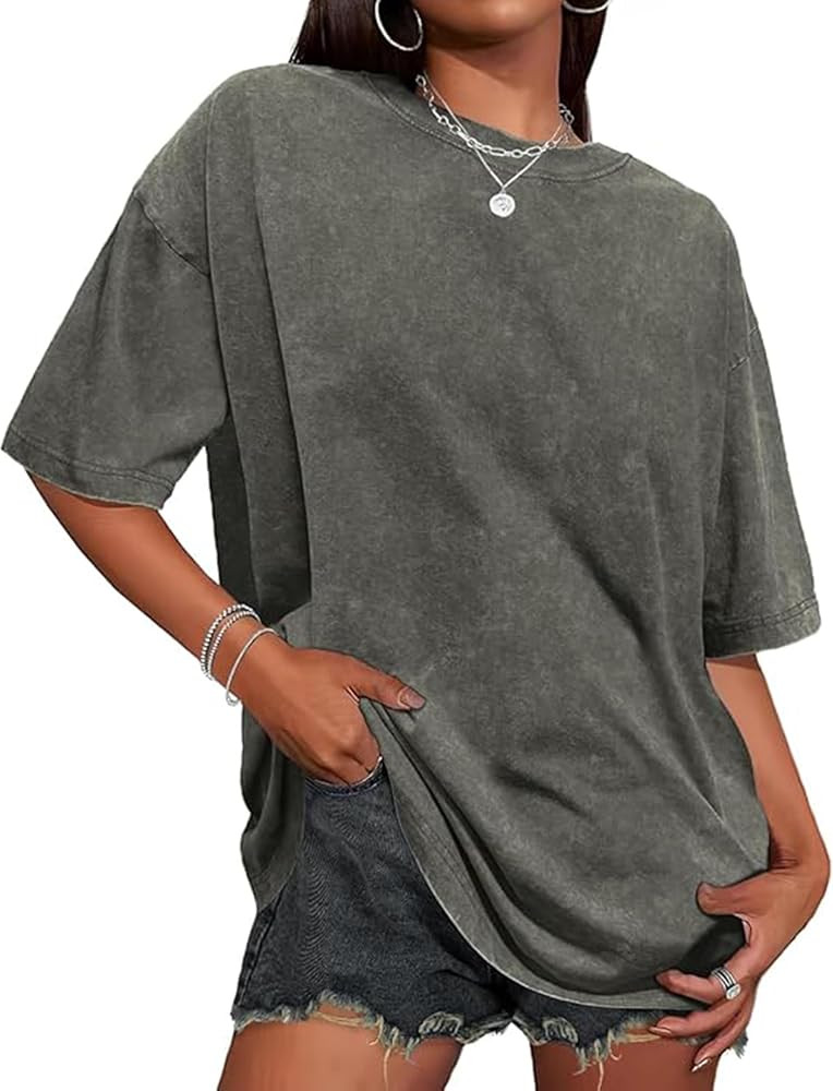 Womens T Shirts Summer Oversized Tee Tops Basic Acid Wsah Loose Fit Shirt | Amazon (CA)