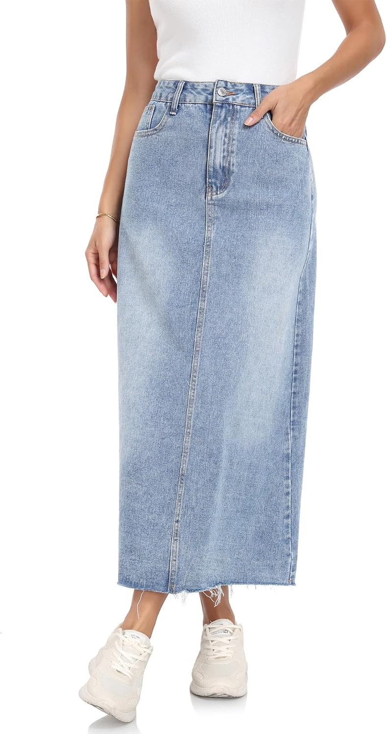 MISS MOLY Women's Jean Skirt Stretch High Waisted Frayed Raw Hem A Line Denim Midi Skirt with Pockets | Amazon (US)