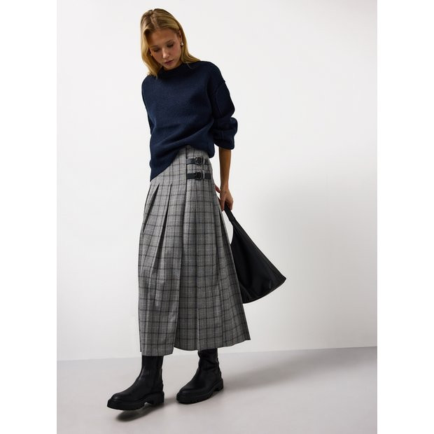 Grey Check Buckle Pleated Kilt Midaxi Skirt 24 | Tu Clothing