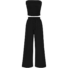 PRETTYGARDEN Womens Summer Outfits 2 Piece Sets Casual Ribbed Knit Crop Tube Top Wide Leg Pants S... | Amazon (US)