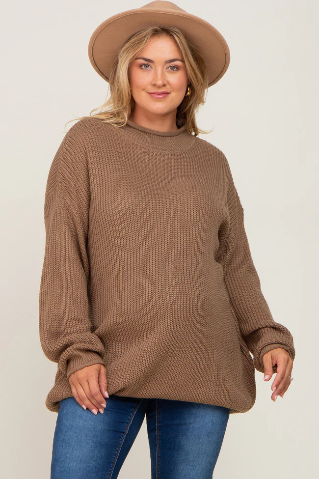 Brown Mock Neck Maternity Plus Sweater | PinkBlush Maternity