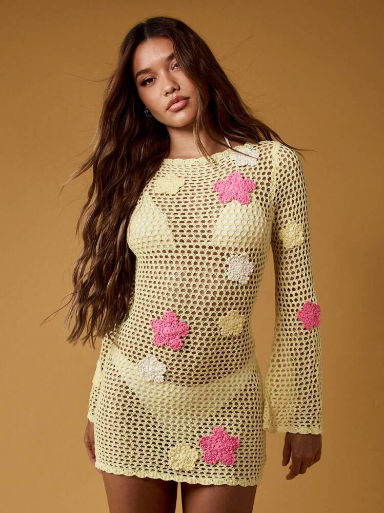 MISSGUIDED Floral Crochet Mini Dress Long Sleeve Beachwear Summer Resort Cover Up Honeycomb Pattern Knit Holiday Festival Vacation Dress | SHEIN