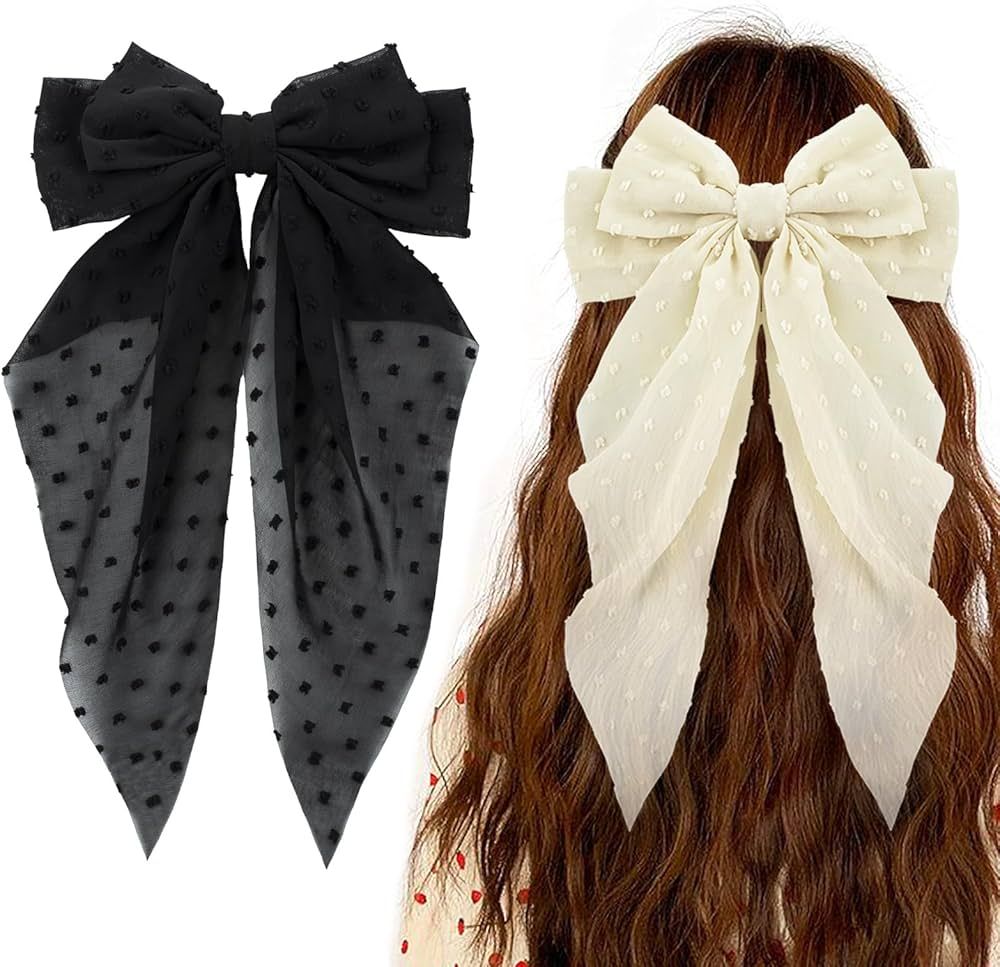 Ambesi Big Bow Hair Clips 2pcs, Long Tail French hair Bows for Women Girl, Black Beige Bow Hair B... | Amazon (US)