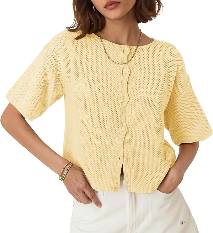 Saodimallsu Womens Short Sleeve Cardigan Summer Lightweight Button Down Waffle Knit Loose Crew Ne... | Amazon (US)