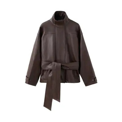 MANGO Oversize Belted Faux Leather Jacket in Chocolate at Nordstrom, Size X-Large | Nordstrom