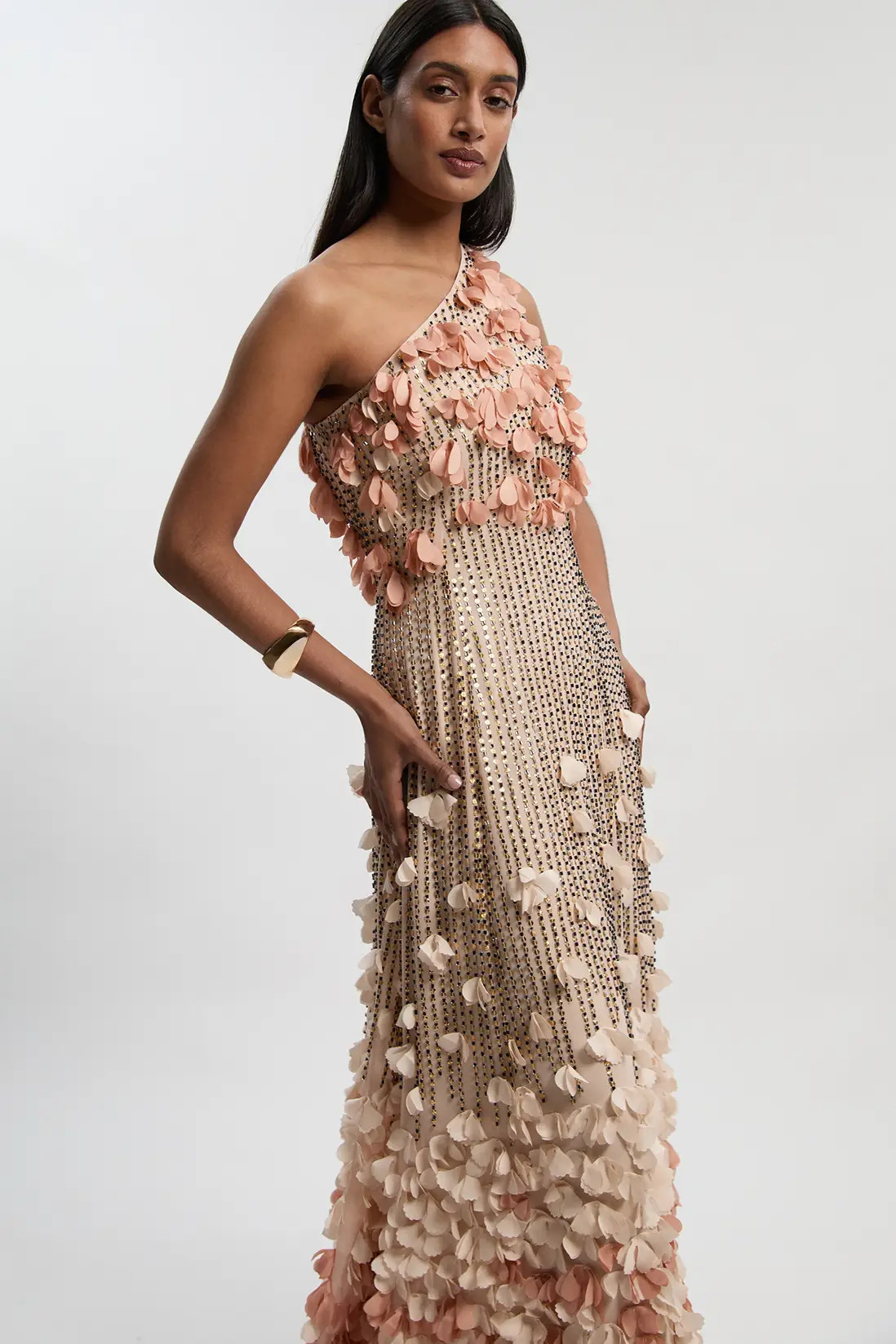 Floral Applique One Shoulder Woven Maxi Dress | Karen Millen