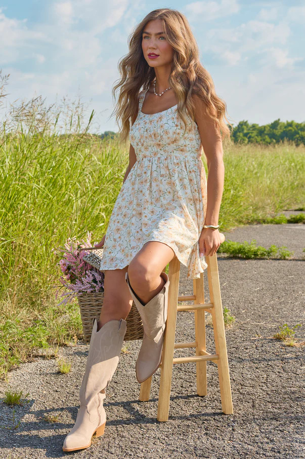 Golden Glow Ivory Floral Mini Dress | Pink Lily