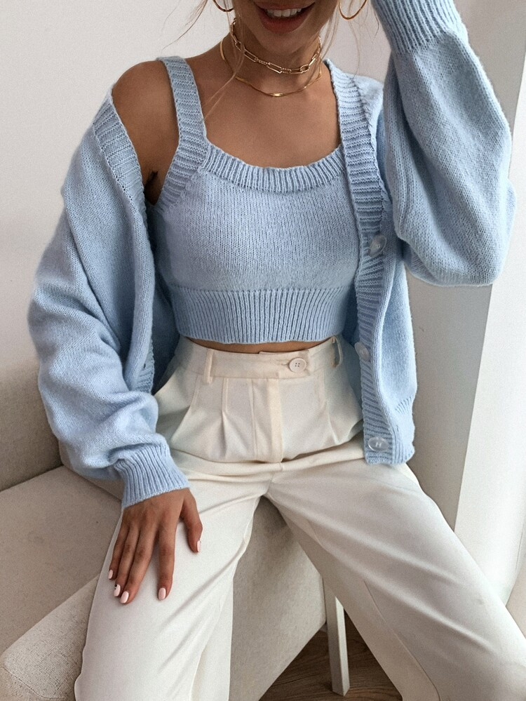 Drop Shoulder Cardigan & Crop Knit Tank Top | SHEIN