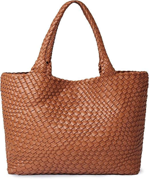 Woven Shoulder Bag for Women, Fashion Top Handle Soft Vegan Leather Shopper | Amazon (US)