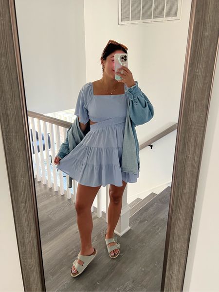 Comfy outfit - free people inspired dress from Amazon under $30, comfy Birkenstock sandals (7.5 = size 38), and my fave denim button down from aerie (size M - TTS)

#LTKFind #LTKSeasonal #LTKfit