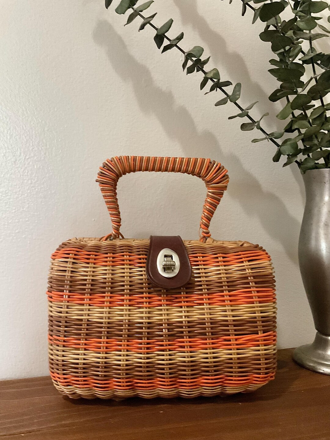1950s 1960s Multi Colored Coated Wicker Top Handle Handbag, Vintage Purse, Mid Century Accessory ... | Etsy (US)