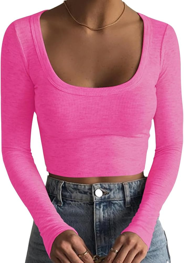 Artfish Women's Square Neck Long Sleeve Ribbed Slim Fitted Casual Basic Crop Top | Amazon (US)