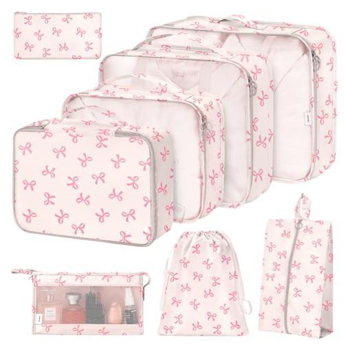 8 Set Packing Cubes for Suitcases,Suitcase Organizer with Shoe,Cosmetics,Clothing, and Accessories Bags for Travel Luggage Organizer Women Men(Pink Bows) | Amazon (US)