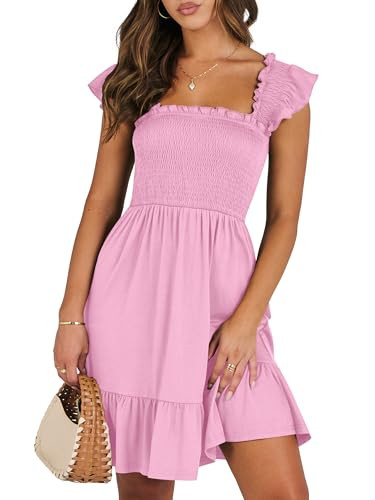 ANRABESS Women's Summer Casual Sleeveless Square Neck Dress 2025 Smocked Ruffle Backless Boho Beach Cute Teen Short Sundress Pink Small | Amazon (US)
