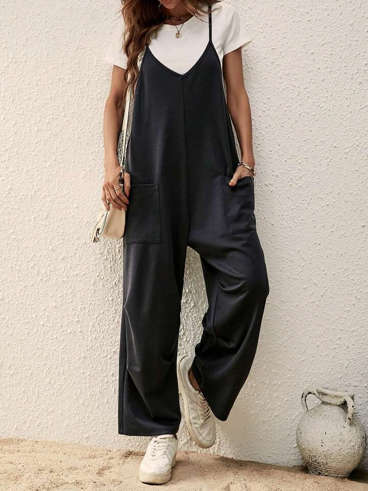 SHEIN LUNE Dual Pocket Wide Leg Cami Jumpsuit Without Tee | SHEIN
