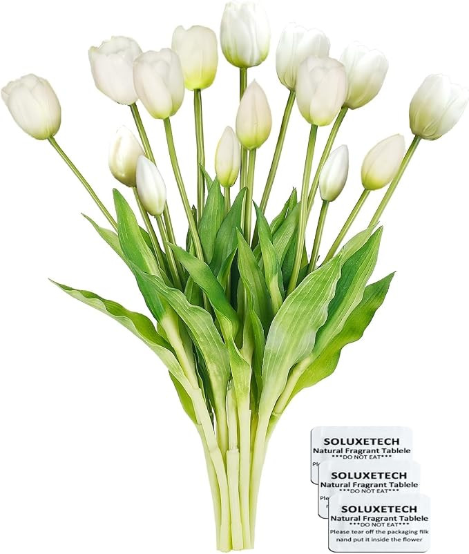 White Artificial Fake Tulips and Buds with Flowers Scent Tablets 15Pcs White Yellow Pink Lifelike... | Amazon (US)