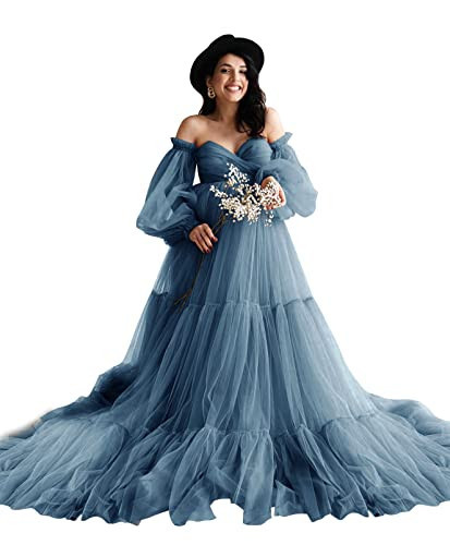 Midiluy Women's Tulle Robe for Maternity Photoshoot Puffy Pregnancy Dresses Sheer Lingerie Bridal Pregnant Gown for Women Dusty Blue 3XL | Amazon (US)