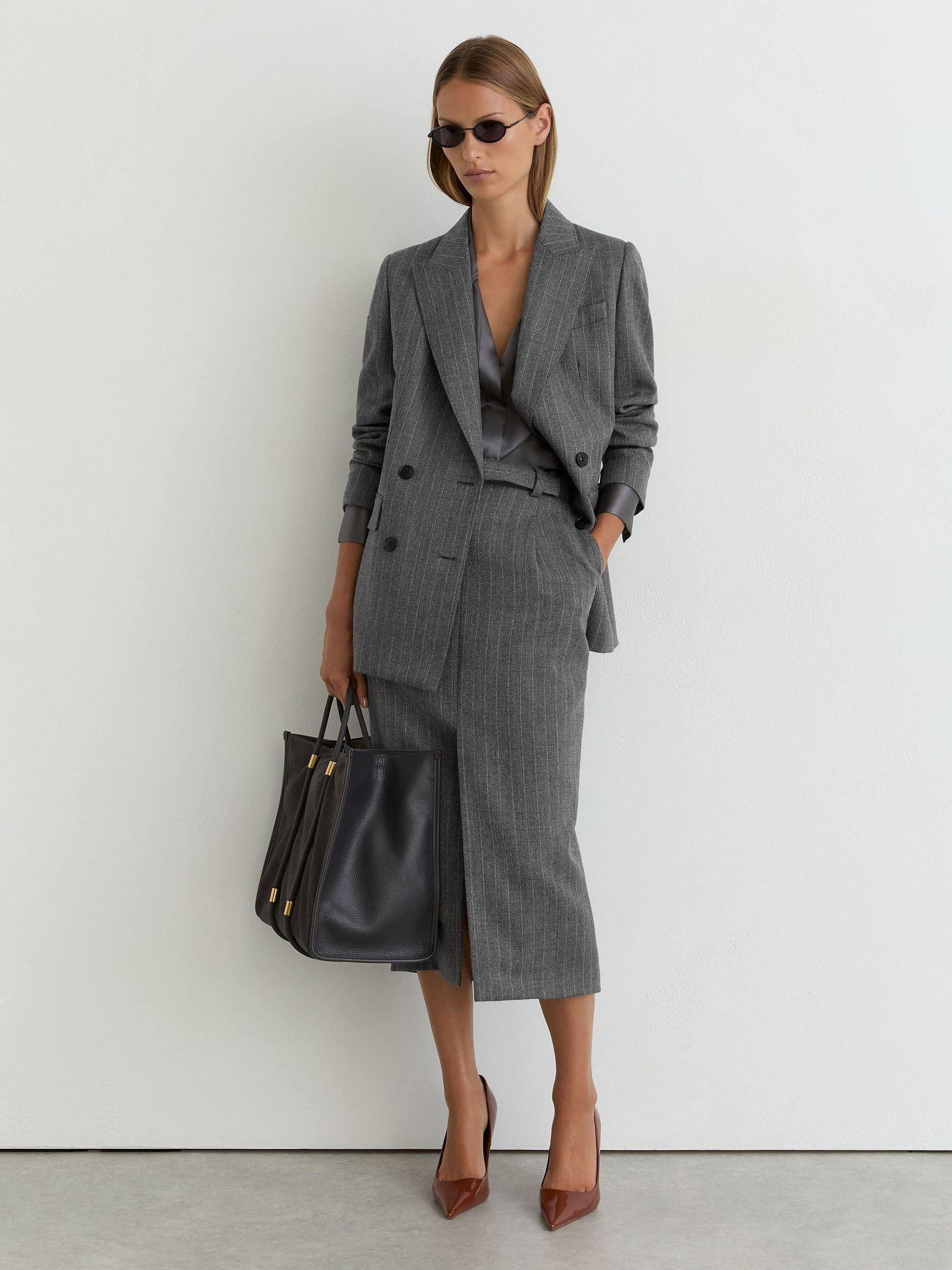 Wool Pinstripe Belted Pencil Skirt | Reiss US
