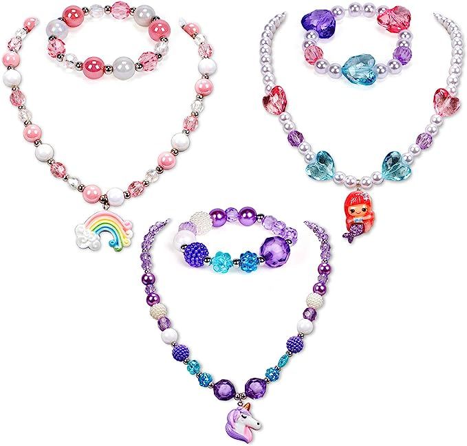 G.C 3 Sets Girl Princess Necklace Bracelet with Colorful Unicorn Mermaid Rainbow Pendant Kids Str... | Amazon (US)