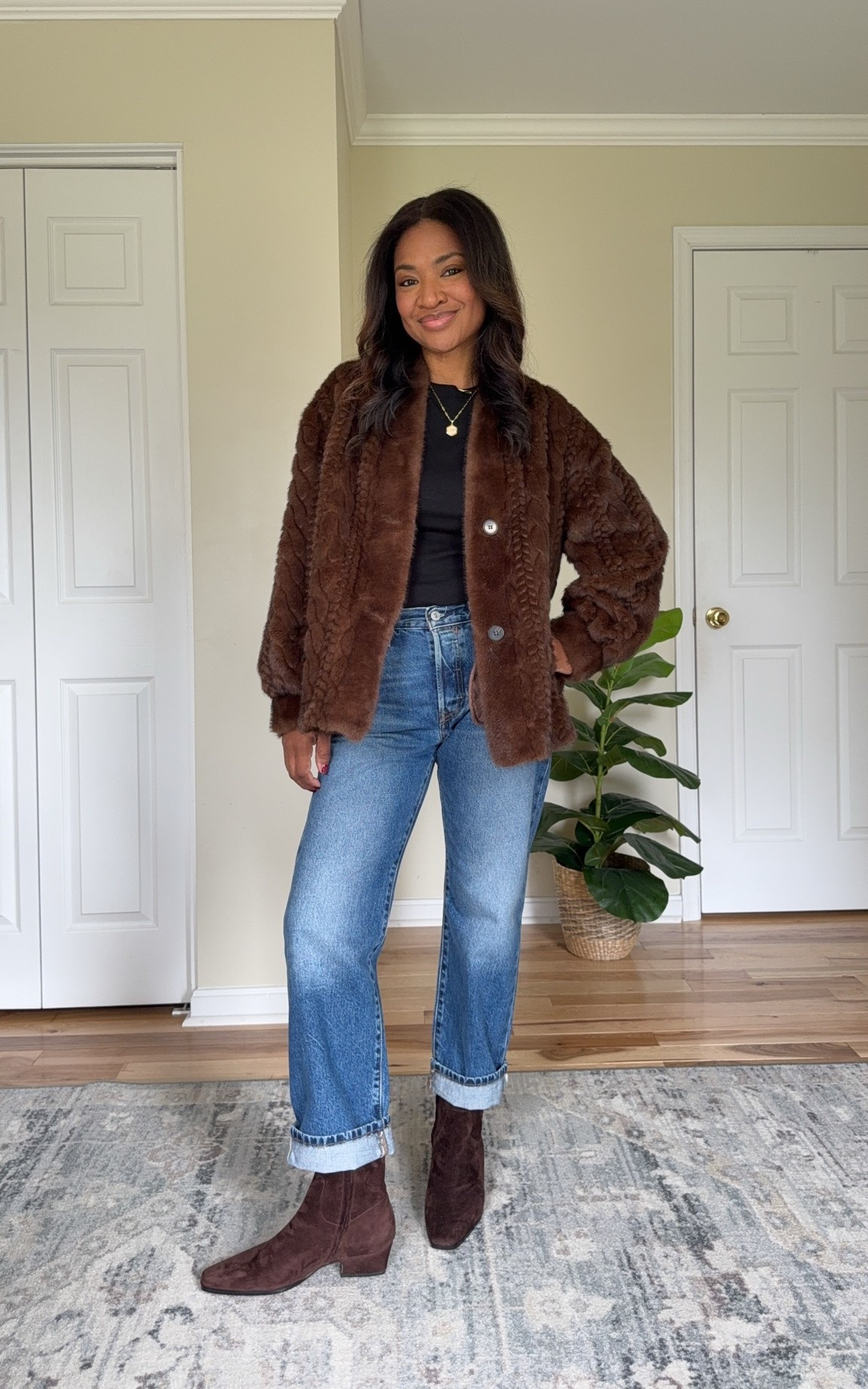 Wearing a small in the faux fur jacket, size 27 28 L in the jeans and TTS in the ankle boots.

#LTKootd #LTKgrwm #LTKOver40