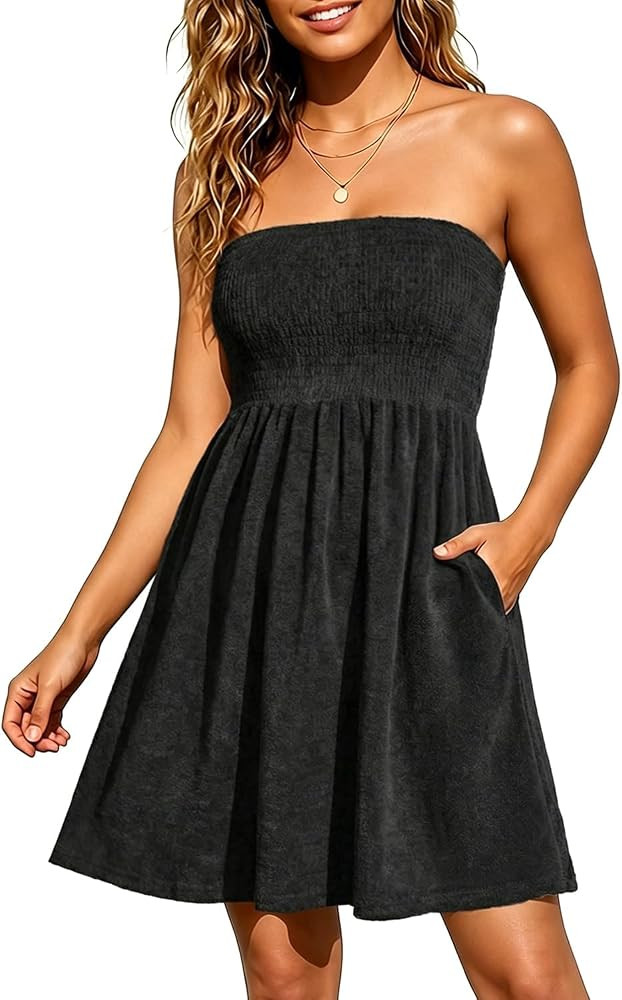 Yonique Terry Cloth Cover up Strapless Beach Cover Up with Pockets | Amazon (US)