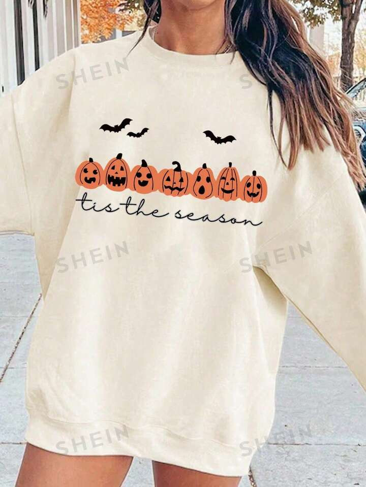 SHEIN Essnce Plus Size Women Bat & Pumpkin Print Graphic Sweatshirt, Halloween Themed Autumn Clot... | SHEIN