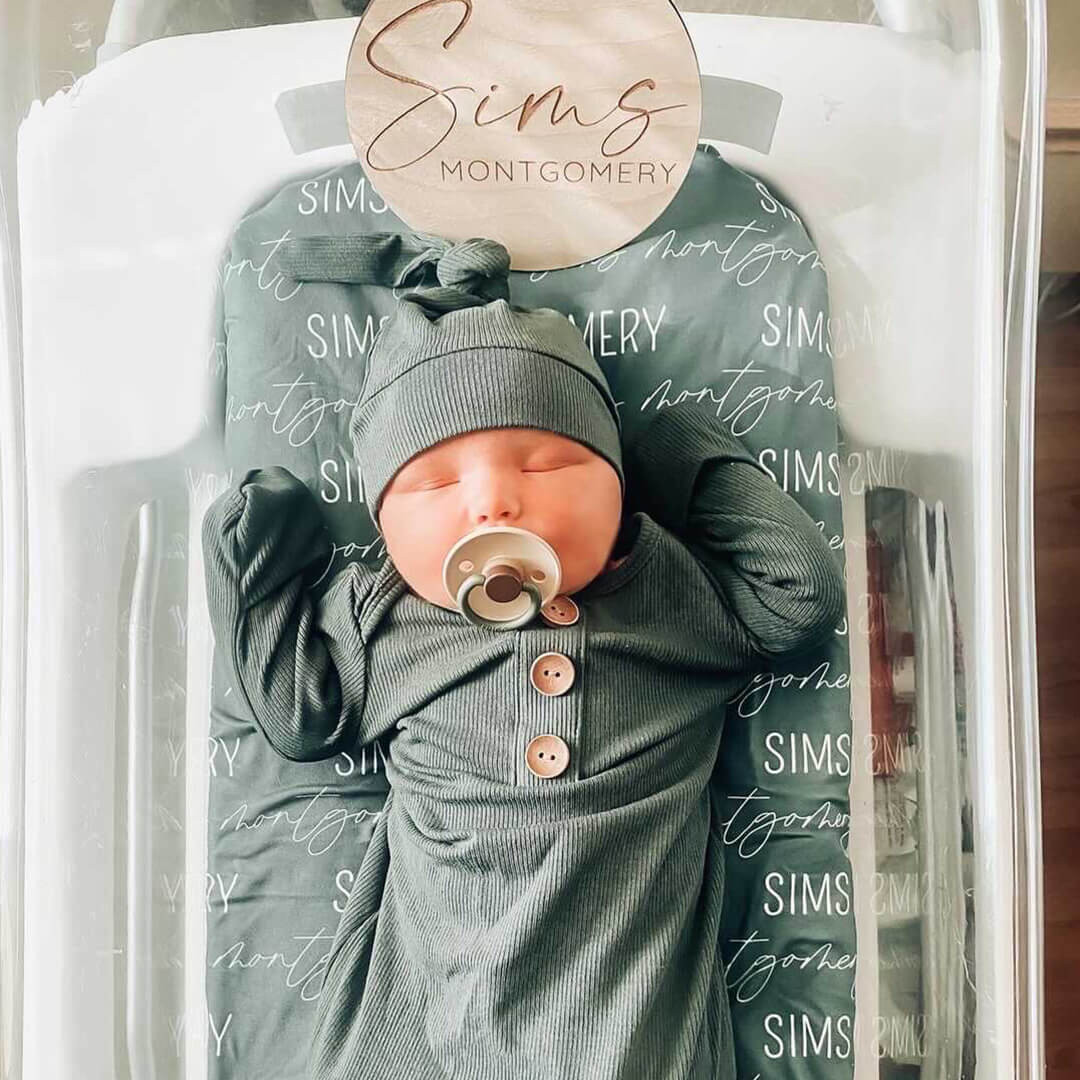 Forest Green Ribbed Bamboo Baby Knot Gown & Hat | Caden Lane