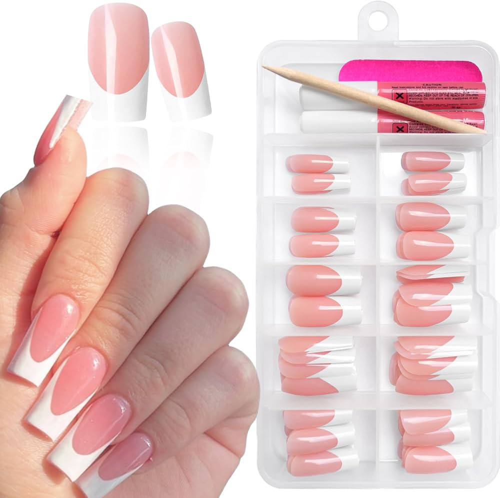 White French Tip Press on Nails Medium Square French Fake Nails Full Cover Glossy False Nail with... | Amazon (US)