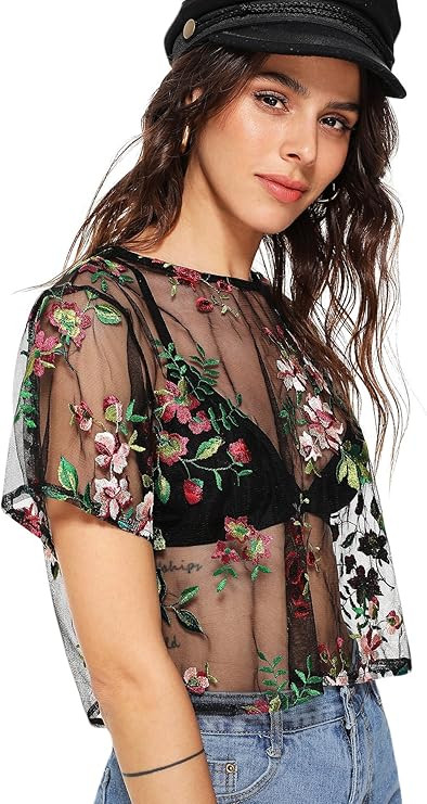 SweatyRocks Women Sexy Sheer Mesh Crop Tops Floral Embroided See Throught Short Sleeve T Shirt Bl... | Amazon (US)