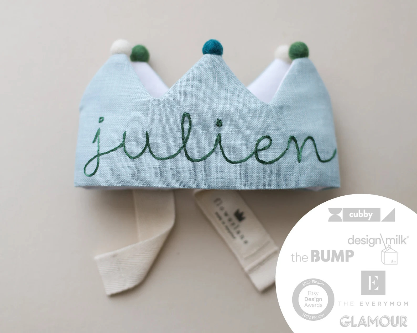 Personalized Handmade Kids and Baby's First Birthday Crown in Mint Linen With Pom Poms - Etsy | Etsy (US)
