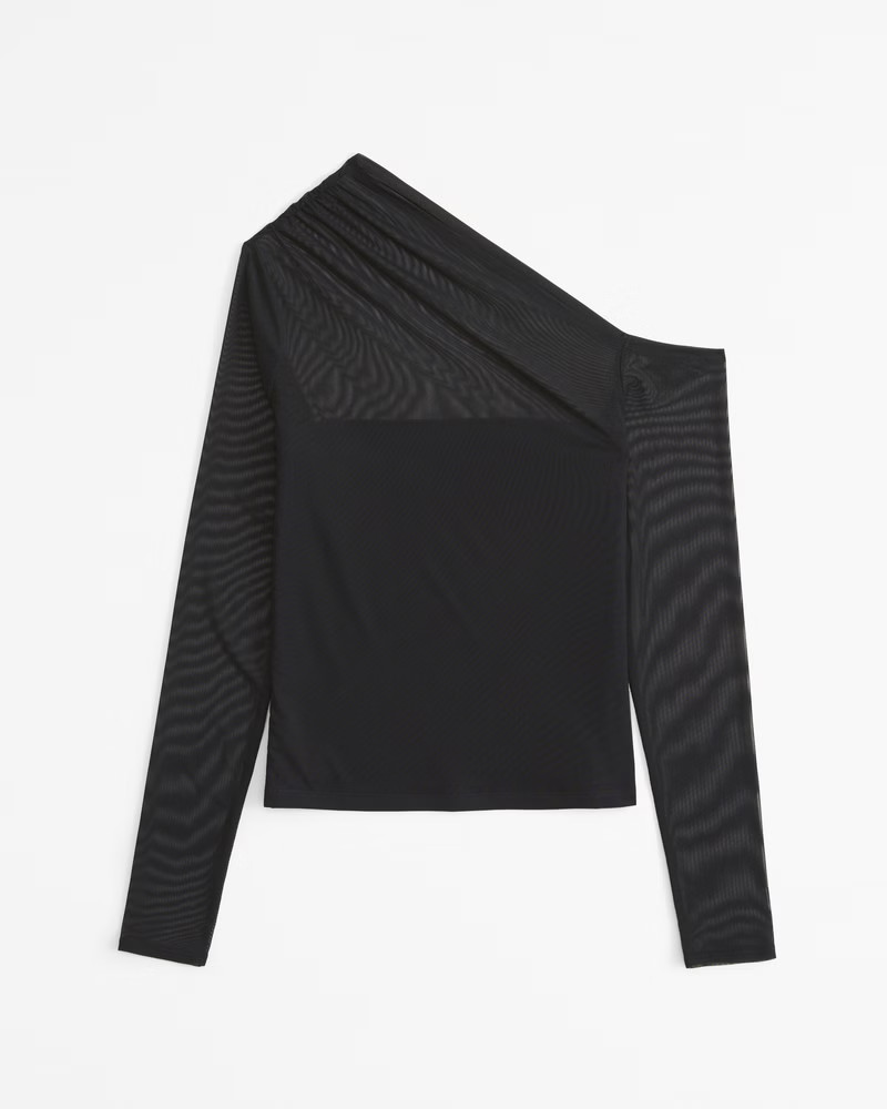 Long-Sleeve Mesh Ruched Asymmetrical Top | Abercrombie & Fitch (US)