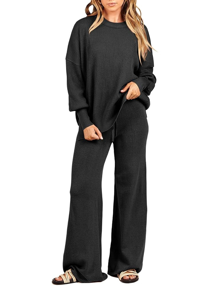 ANRABESS Women 2 Piece Outfits Oversized Chunky Knit Sweater Top Wide Leg Pants 2025 Fall Lounge ... | Amazon (US)
