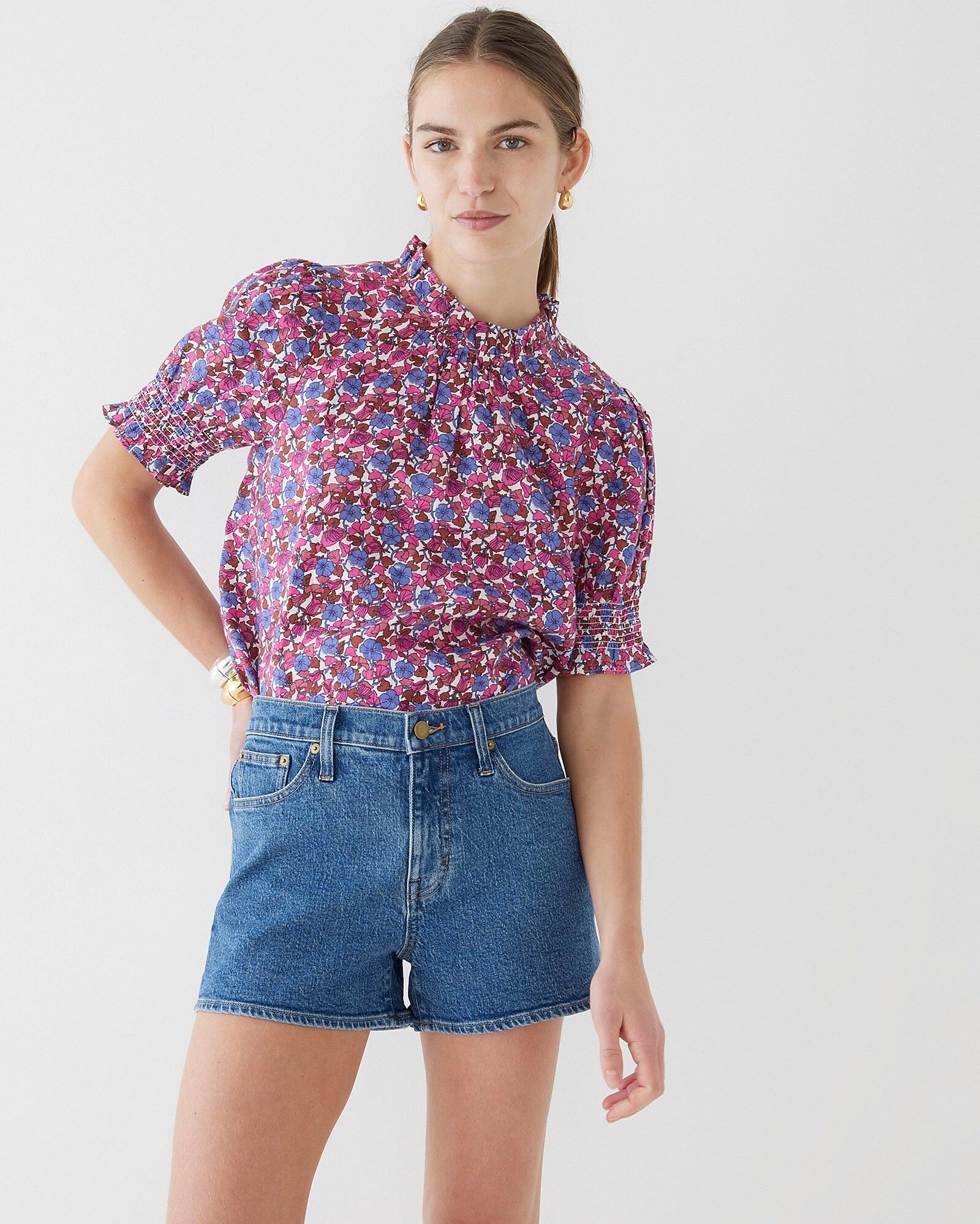 Smocked linen puff-sleeve top in berry floral | J.Crew US