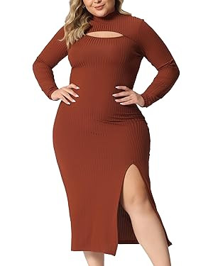 Agnes Orinda Plus Size Women Dresses Round Neck Cut Out Front Knee Slim Split Hem Bodycon Dress | Amazon (US)
