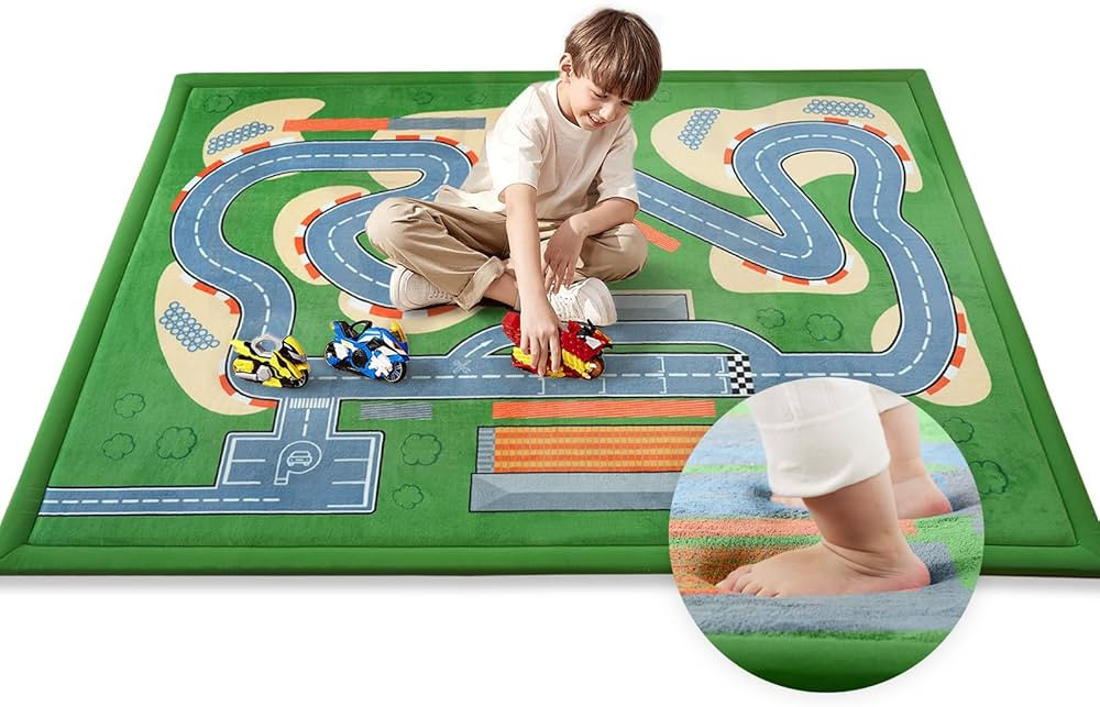 1.3" Thick Educational Baby Floor Play Mat 59x79, Basic Padded Memory Foam Kids Mat, Non-Slip Plush Playmat for Nursery Playroom Classroom (Race Track) | Amazon (US)