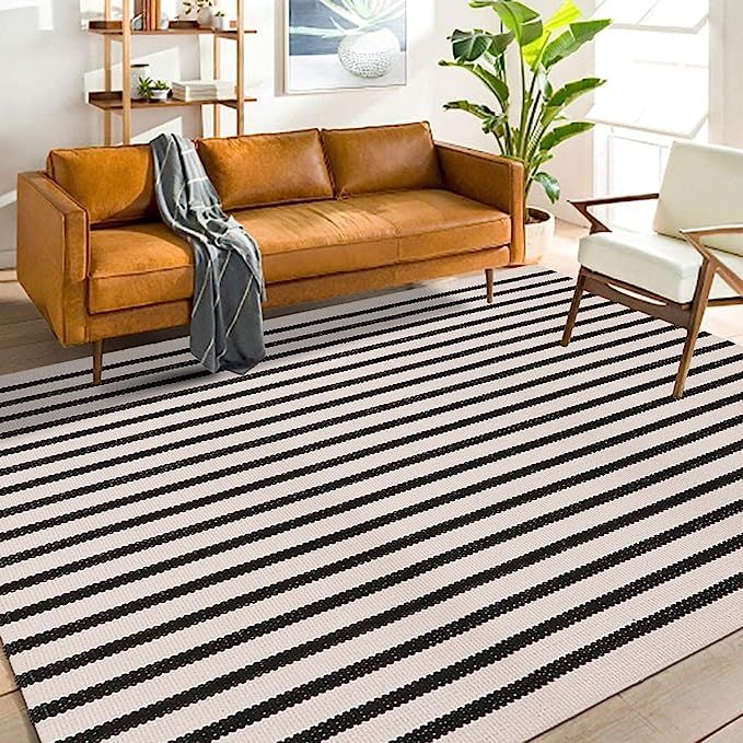 LEEVAN Black and White Striped Outdoor Area Rug 4x6 ft Patio Rugs Washable Woven Cotton Boho Livi... | Amazon (US)