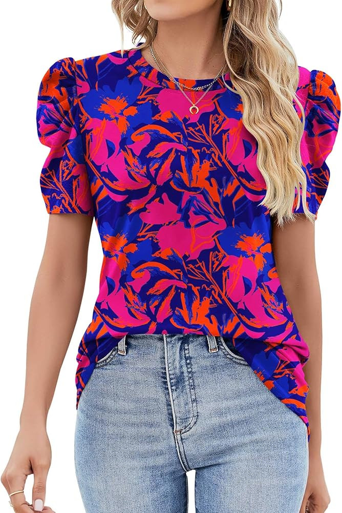 Ivicoer Puff Short Sleeve Shirt for Women Eyelet Tops Summer Crewneck Blouse Loose Fit S-XXL | Amazon (US)