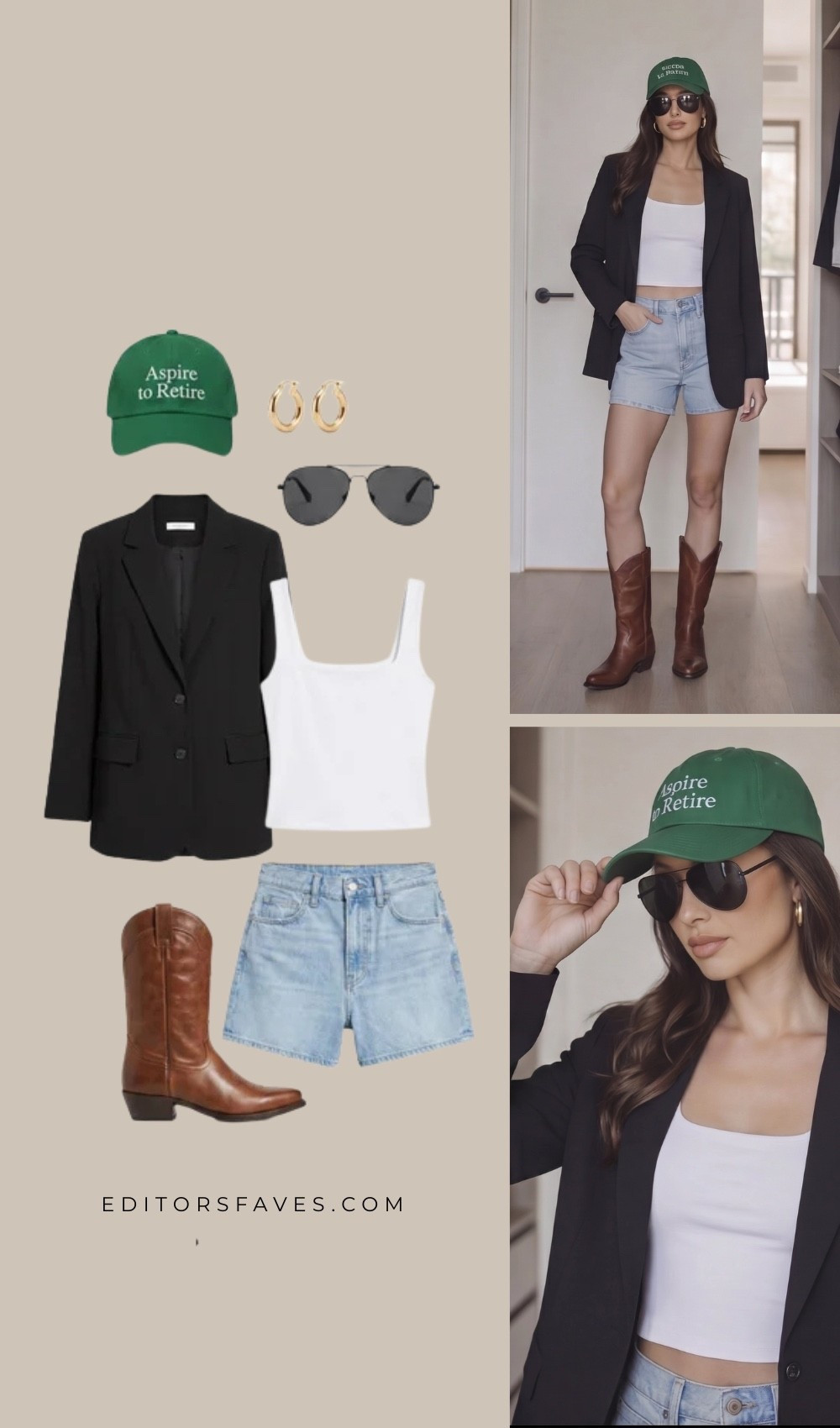 Aspire to retire leisure wear, casual speing outfits dor women. laid back ootd. Cowboy boots, blazer, denim shorts. 

#LTKPetite #LTKootd