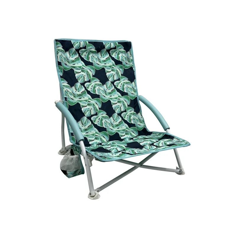 Mainstays Folding Low Seat Soft Arm Beach Bag Fabric Chair with Carry Bag, Green Palm | Walmart (US)