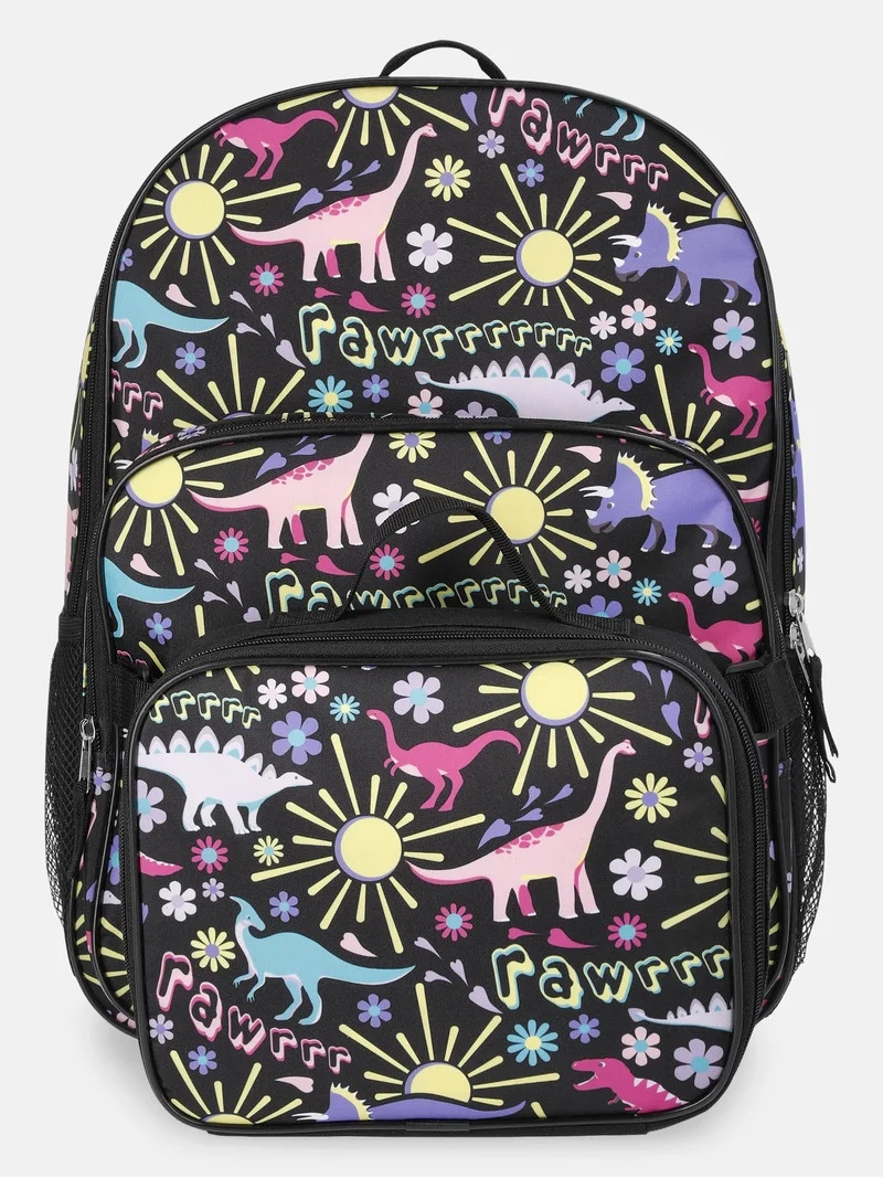 Wonder Nation Girls 17" Fossil Gardens Dinosaur Backpack & Lunch Set, Black | Walmart (US)