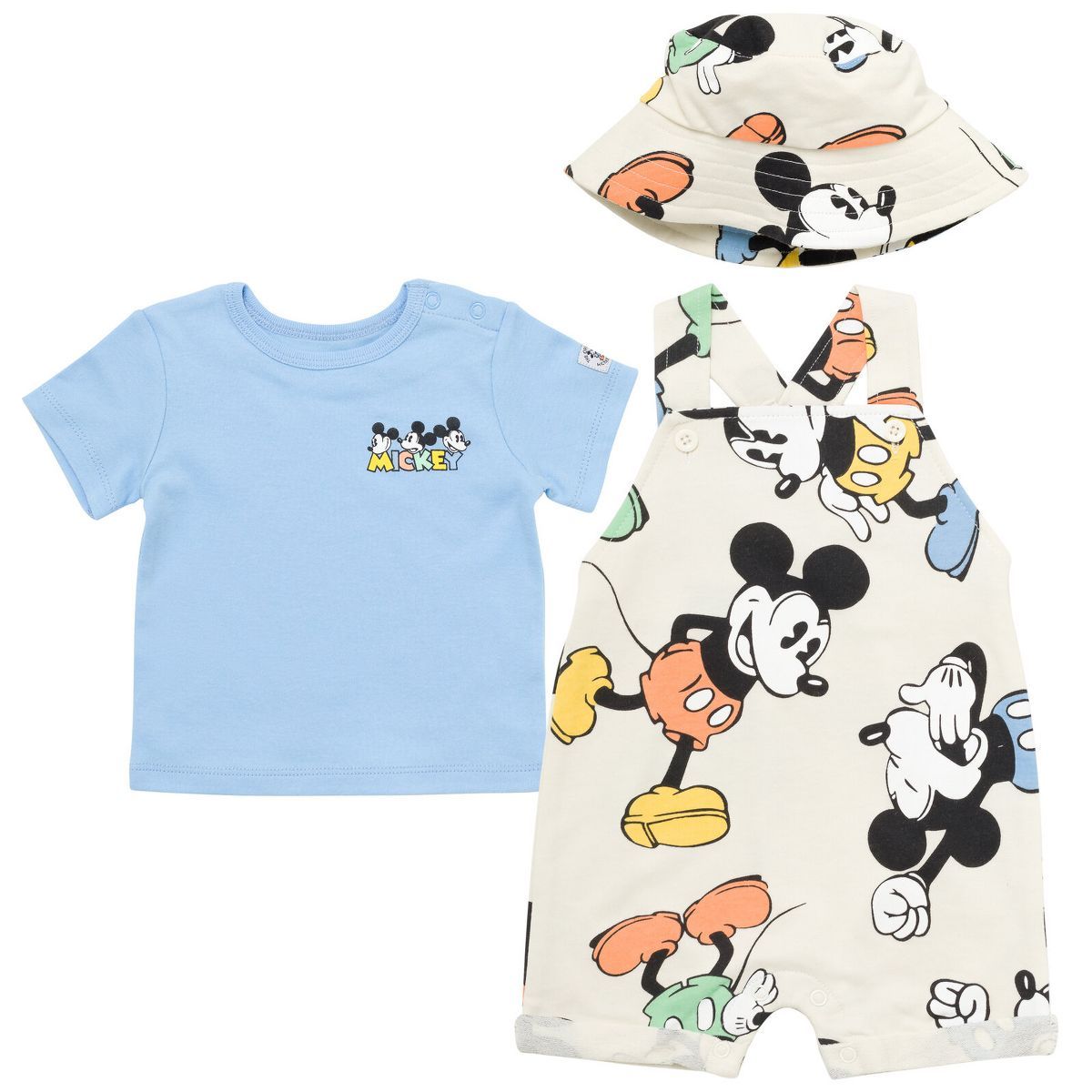 Disney Mickey Mouse Baby French Terry Short Overalls T-Shirt and Hat 3 Piece Outfit Set Newborn t... | Target
